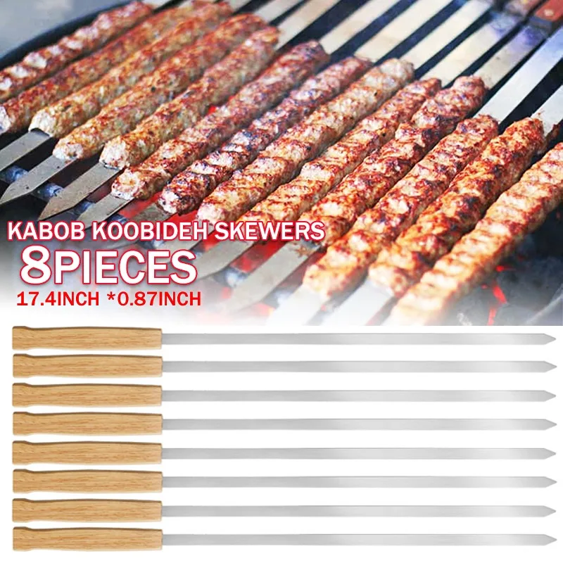 

8pcs Kabab Koobideh Skewers 17 Inch Stainless Steel Grilling BBQ Skewer Reusable Barbecue Skewers Flat Stick with Wood Handle