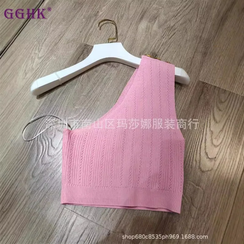 GGHK Pleated Women Knitted One-shoulder Undershirt 2025 Summer New Solid Color Retro Loose Elastic Sexy Female T-shirt