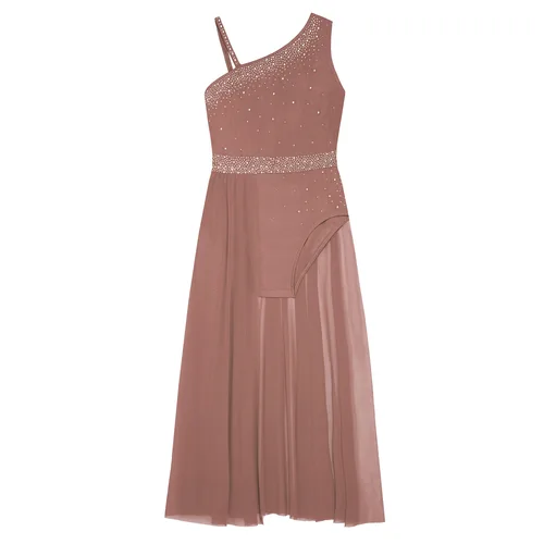 Imagen 2 del producto Vestido de baile lírico moderno para niñas, traje de actuación de gimnasia y Ballet, leotardo de malla transparente con abertura lateral y diamantes de imitación, Ropa de baile