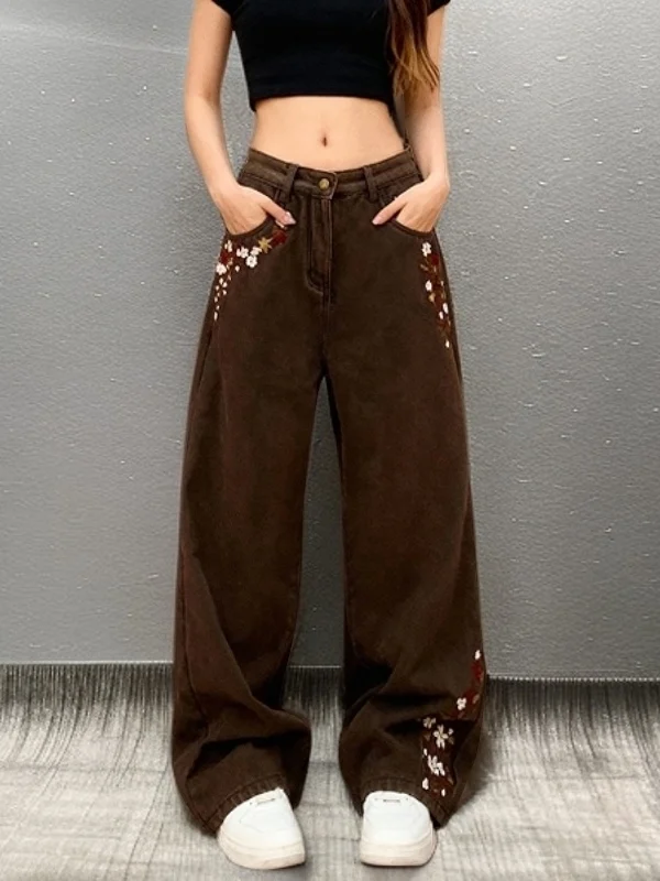 

Весенние женские джинсы с высокой талией и широкими штанинами, модные уличные джинсы с вышивкой в виде цветов, прямого кроя, повседневные, удобные