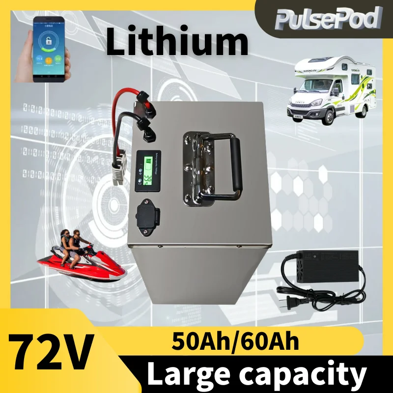 

li ion 72 В 50 Ач 60 Ач литий-ионный аккумулятор с Bluetooth APP BMS для скутера 3000 Вт 5000 Вт, мотоцикла + зарядное устройство 10 А