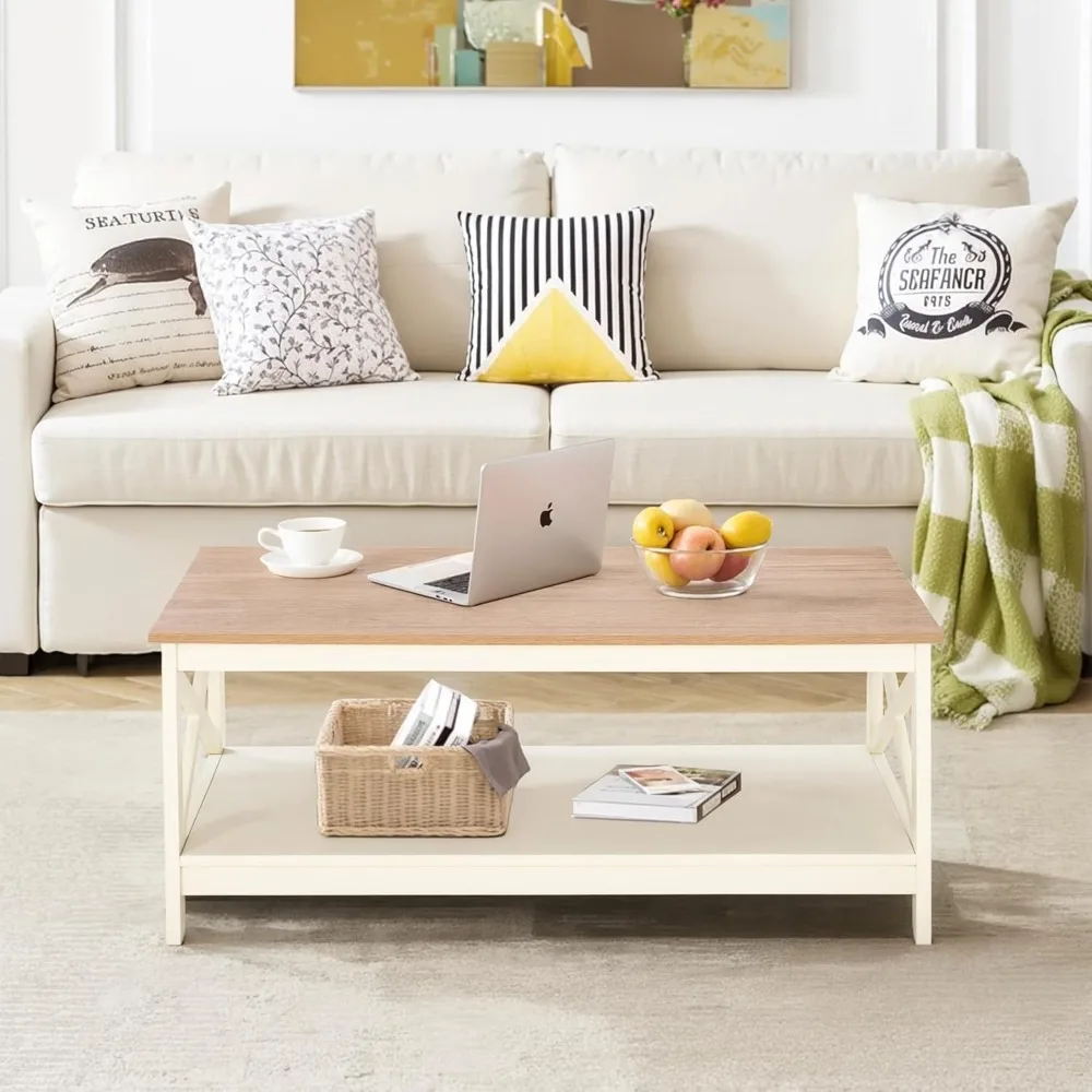 Coffee Table with Storage, Farmhouse Coffee Tables for Living Room 2-Tier Modern Coffee Table, Ivory