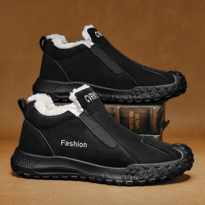 Men Warm Artificial Fur Lined Snow Boots, High‑Top Lace‑Up Non‑Slip Thick Sole Winter Outdoor Casual Ankle Boots
