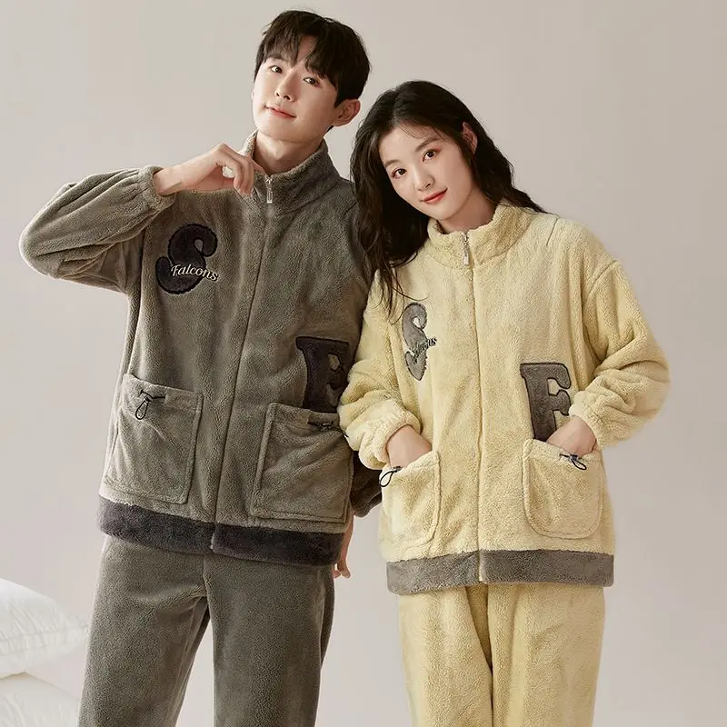 Couple Pajamas Winter New Women Flannel Thickened Fleece Long Sleeves Nightclothes Suit Men Warm Coral Fleece Casual Homewear