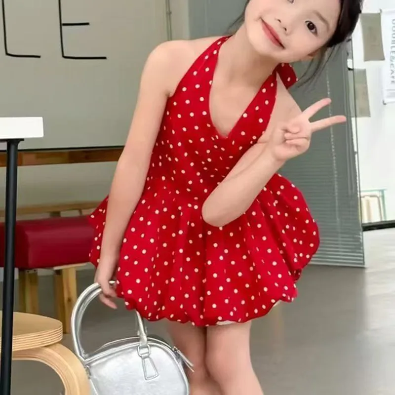 Girl Fashion Dress Sleeveless Hanging Neck Vest Top Girls Flower Bud Fluffy Lotus Leaf Edge Polka Dot Vest Dress