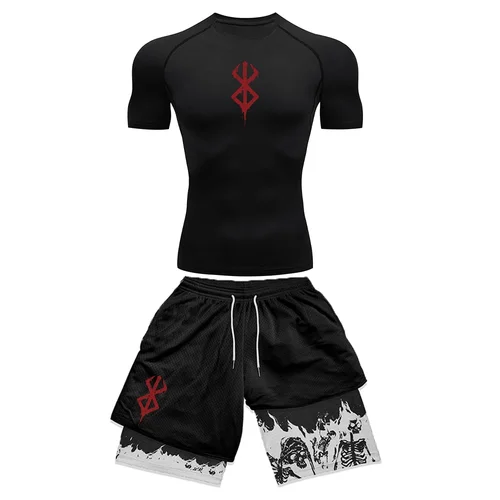 Imagen 1 del producto Conjunto de compresión con estampado 3D de Anime para hombre, Top de gimnasio de manga corta + pantalones cortos de entrenamiento, conjunto de protección contra sarpullidos transpirable de secado rápido