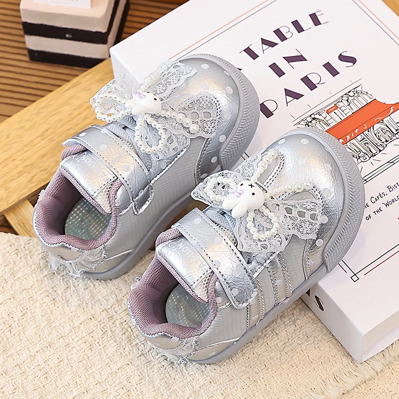 Kids'Casual Shoes Polka Dot Cartoon Bow Fashion Autumn Shoes For Girls Anti-slip Breathable Soft Bottom Pink Silver Size 21-26
