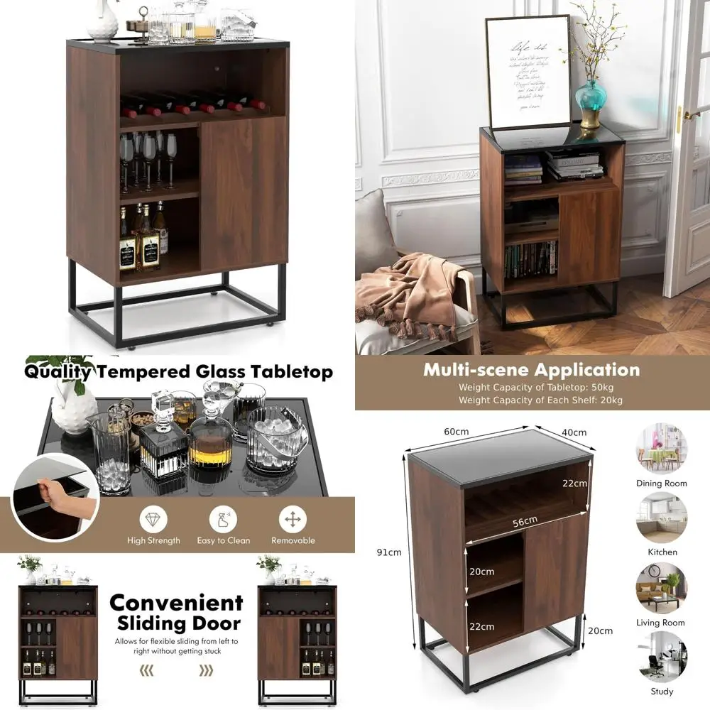 Wine Cabinet with Adjustable Shelves, Sliding Door, Anti-Tipping Feature, and Drinks Storage Sideboard