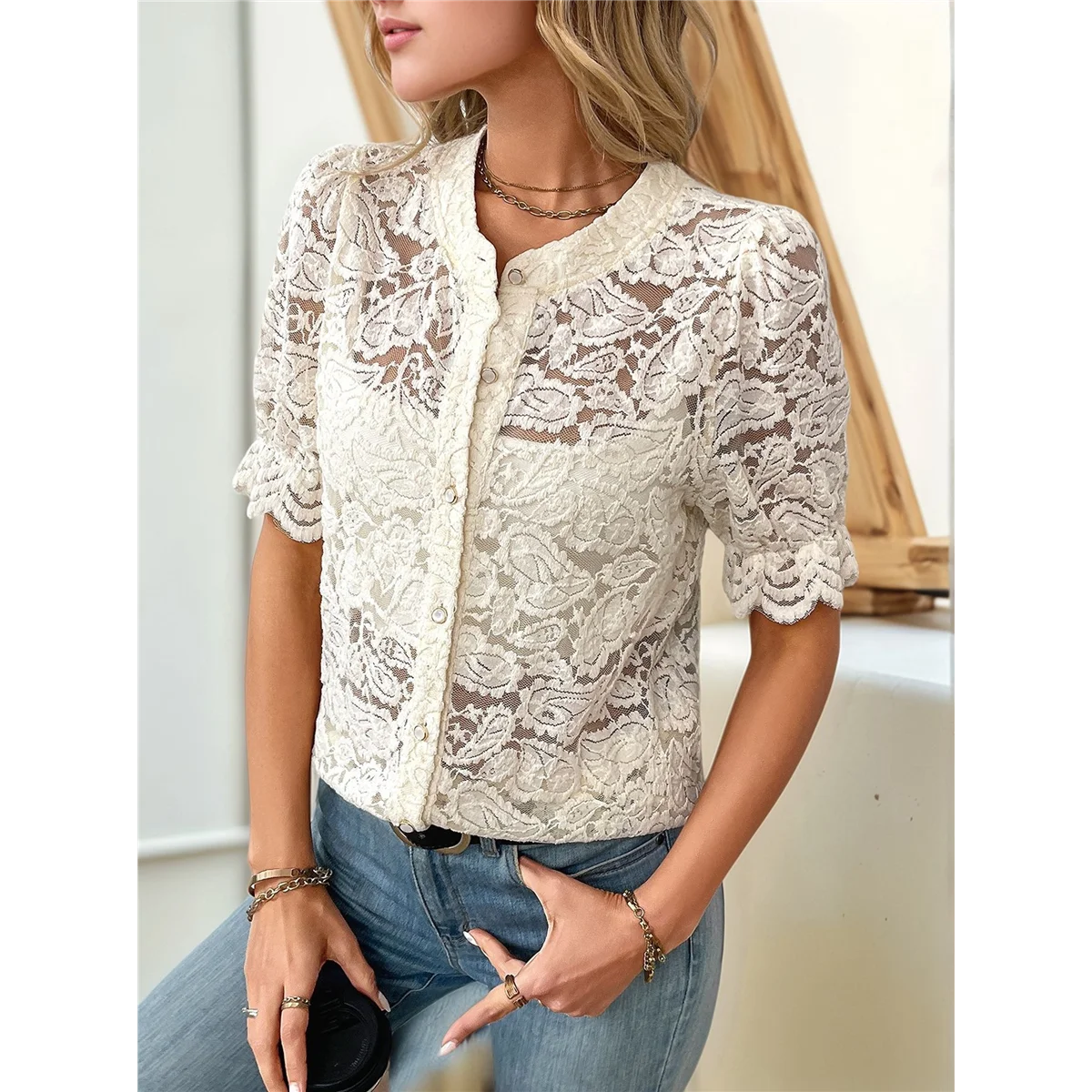 Womens Lace Short Puff Sleeve Casual Eyelet Crew Neck Button Down Shirts XL