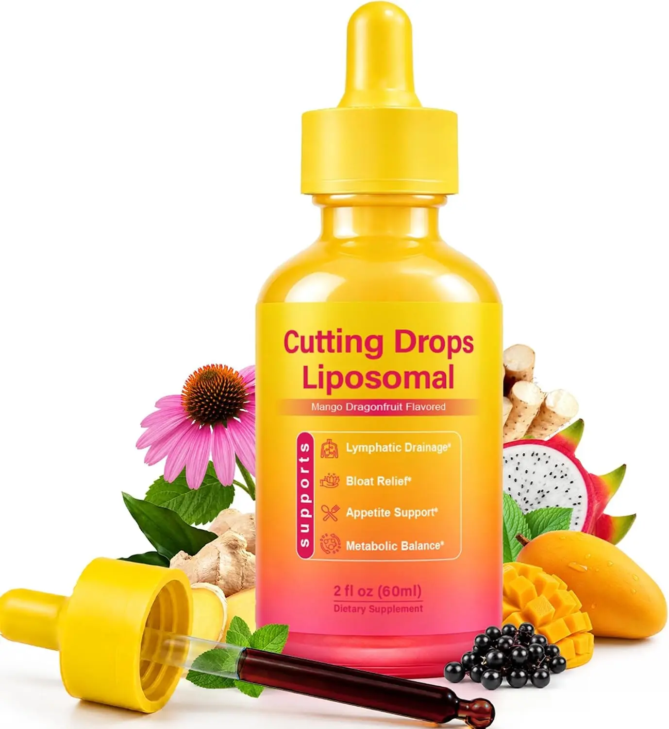 Cutting Drops Liposomal Detox Support - Lymphatic Drainage Drops for Bloat Relief, Metabolic & De-Puff Support - 60 Servings