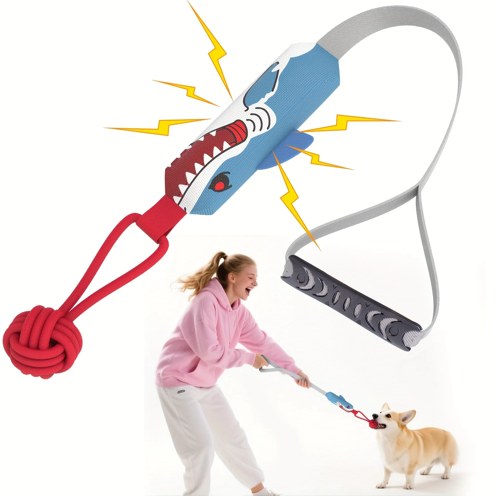 Hai-förmiges Hundespielzeug zum Ziehen, strapazierfähig, bissfest, mit Quietschfunktion, Seilknoten, interaktives Outdoor-Kauspielzeug zur Linderung von Zahnbeschwerden bei Welpen