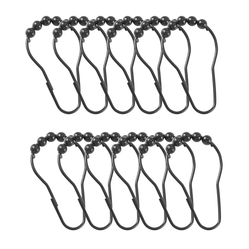 SEWS-Shower Curtain Hooks Rings Metal Shower Curtain Hooks Rings For Bathroom Shower Rods Curtains Set Of 12 Black