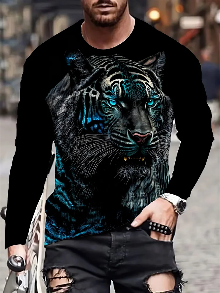 A Powerful King And Lion 3D Printed Men's Casual Round-neck Top, An Urban Street Fashion Men's Autumn T-shirt, Simple And Casual