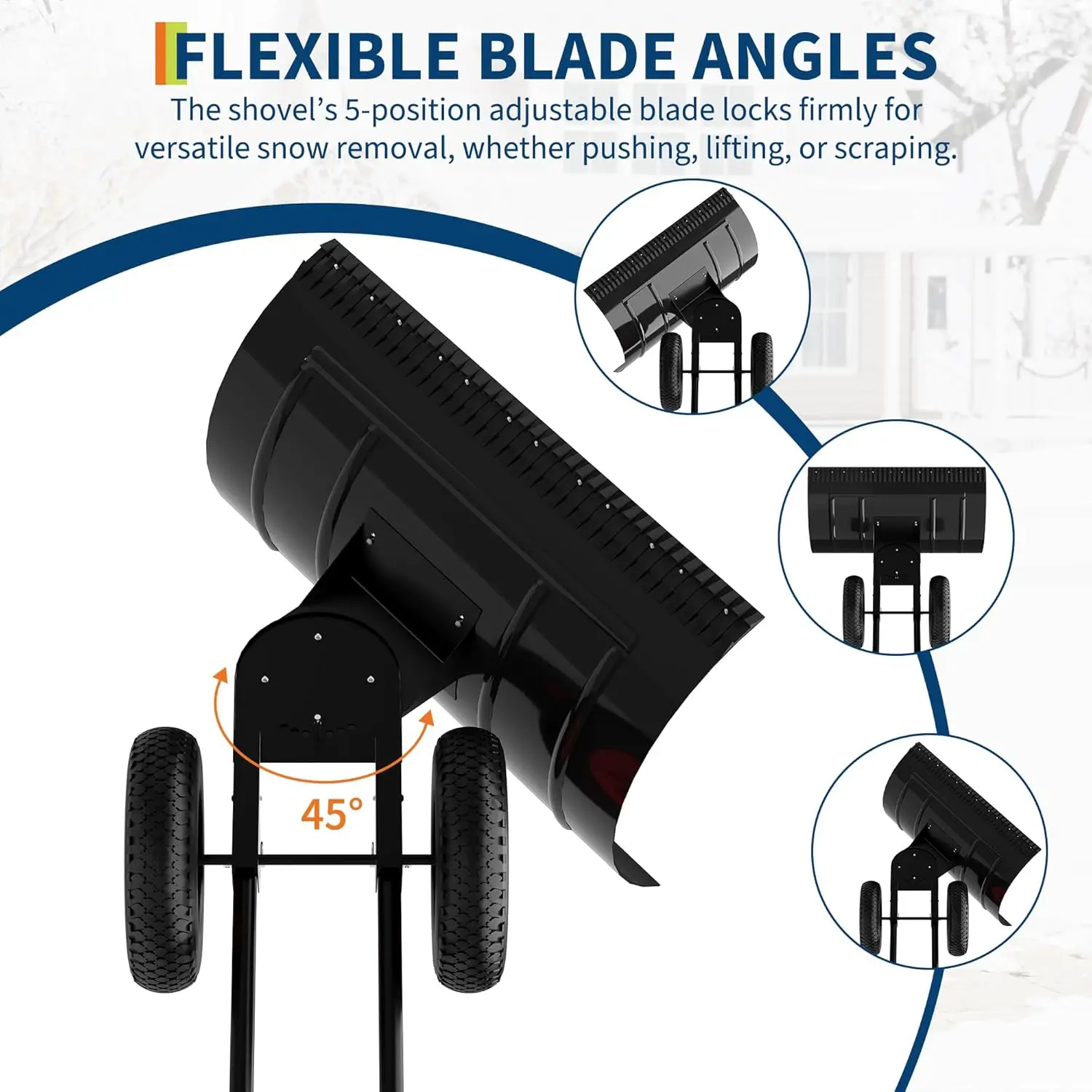 Heavy Duty Snow Shovel with Wheels, Carbon Steel Blade w/ Adjustable Ergonomic Handle for Driveway & Pavement Clearing