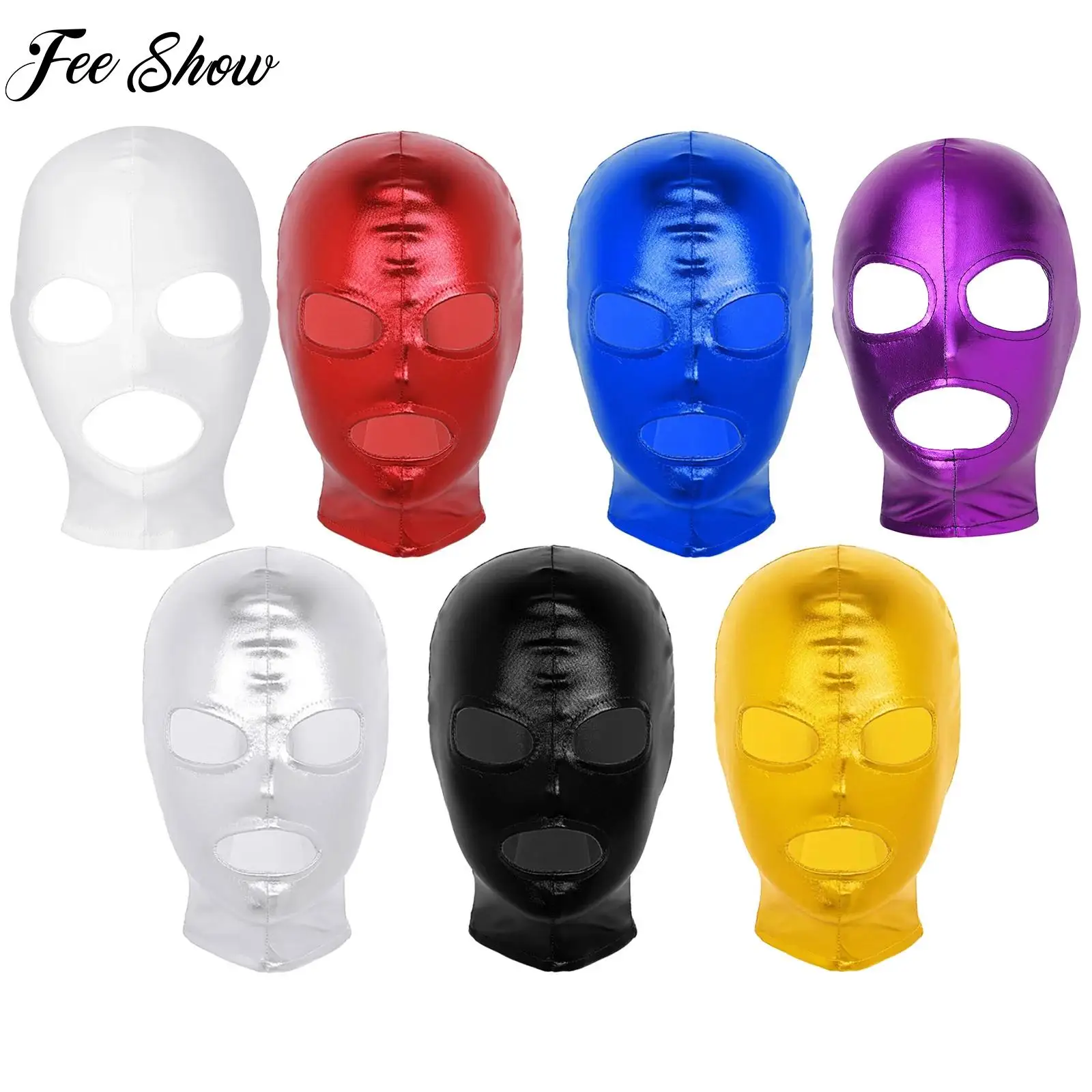 Men Women Shiny Metallic Latex Full Face Mask Cosplay Open Mouth Hole Headgear Fancy Halloween Party Club Costume