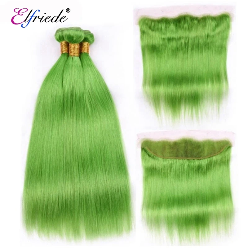 Elfriede #Light Green Straight Colored Hair Bundles with Frontal 100% Human Hair Sew-in Wefts 3 Bundles with Lace Frontal 13x4