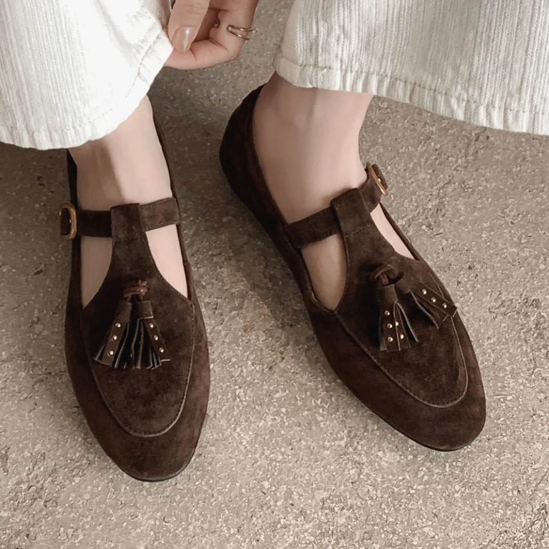 

Women's cow leather round toe t-strap slip-on flats loafers fringe decoration high quality soft comfortable casual moccasins hot