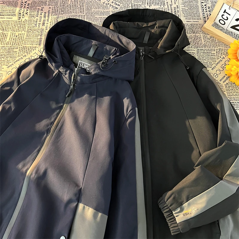 

Trendy Youth Men's Hooded Windproof Blue Jaet Climbing Outdoor Workwear Casual Loose Fit Long Sve Zipper Decoration