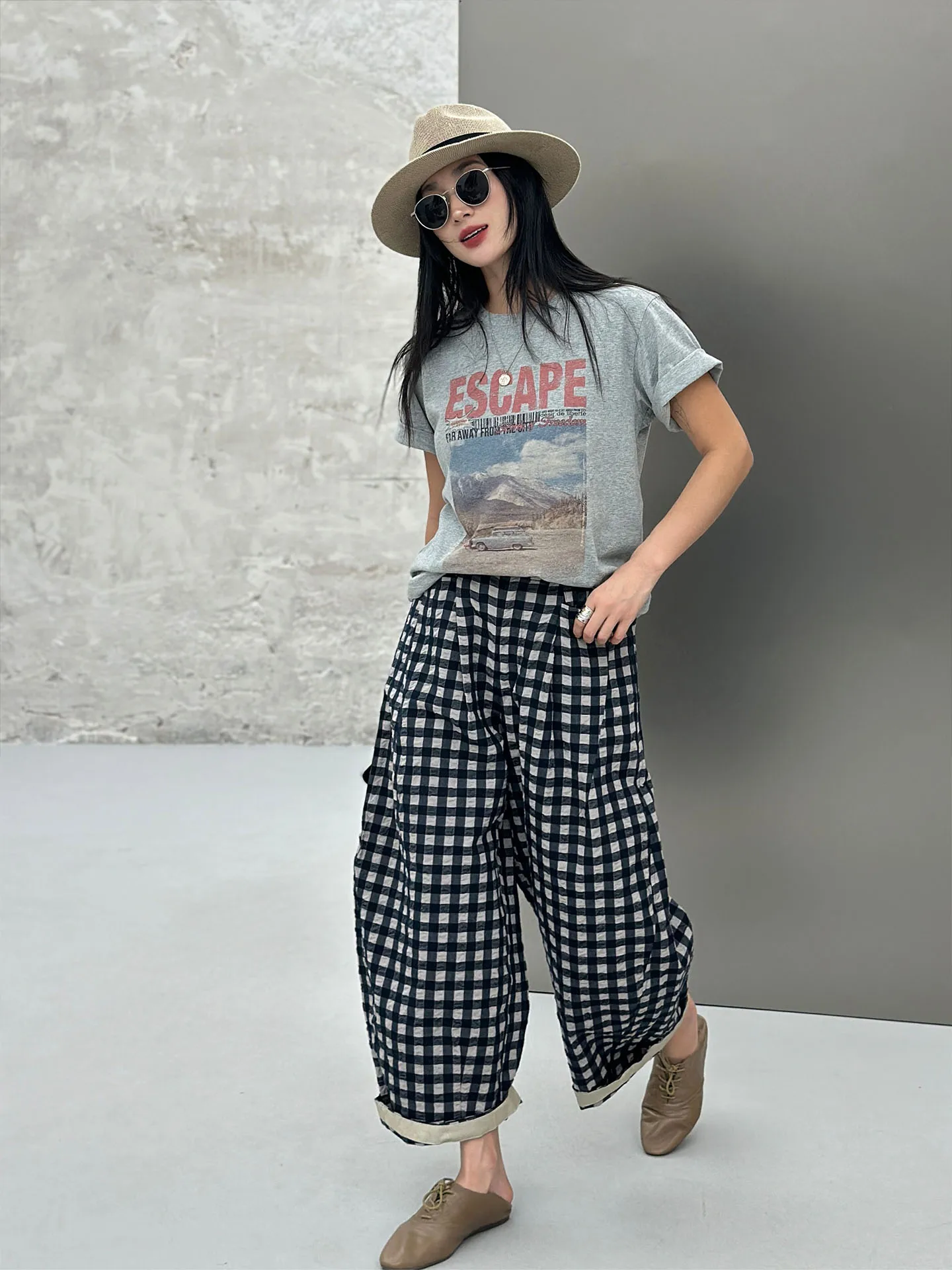 

Брюки женские BodhlCat в стиле Lazy Style, из смесового хлопка и льна, с ретро-клеткой, цветными блоками, широкими штанинами, повседневные, с высокой талией, на резинке
