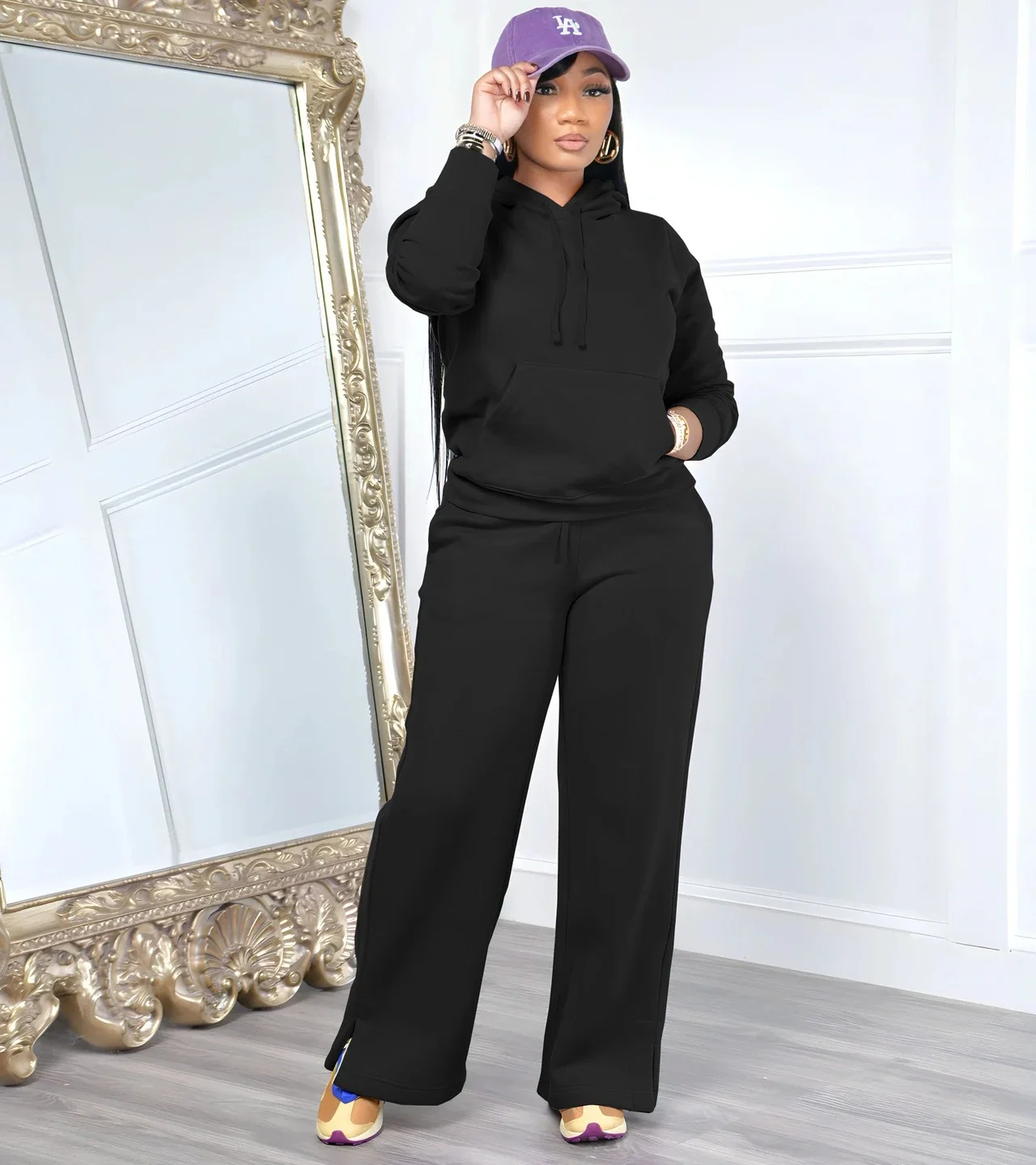 Women Sport Two Piece Outfit Winter Casual 2 Piece Set Hoodies Tops Wide Leg Pants Set Women Tracksuit