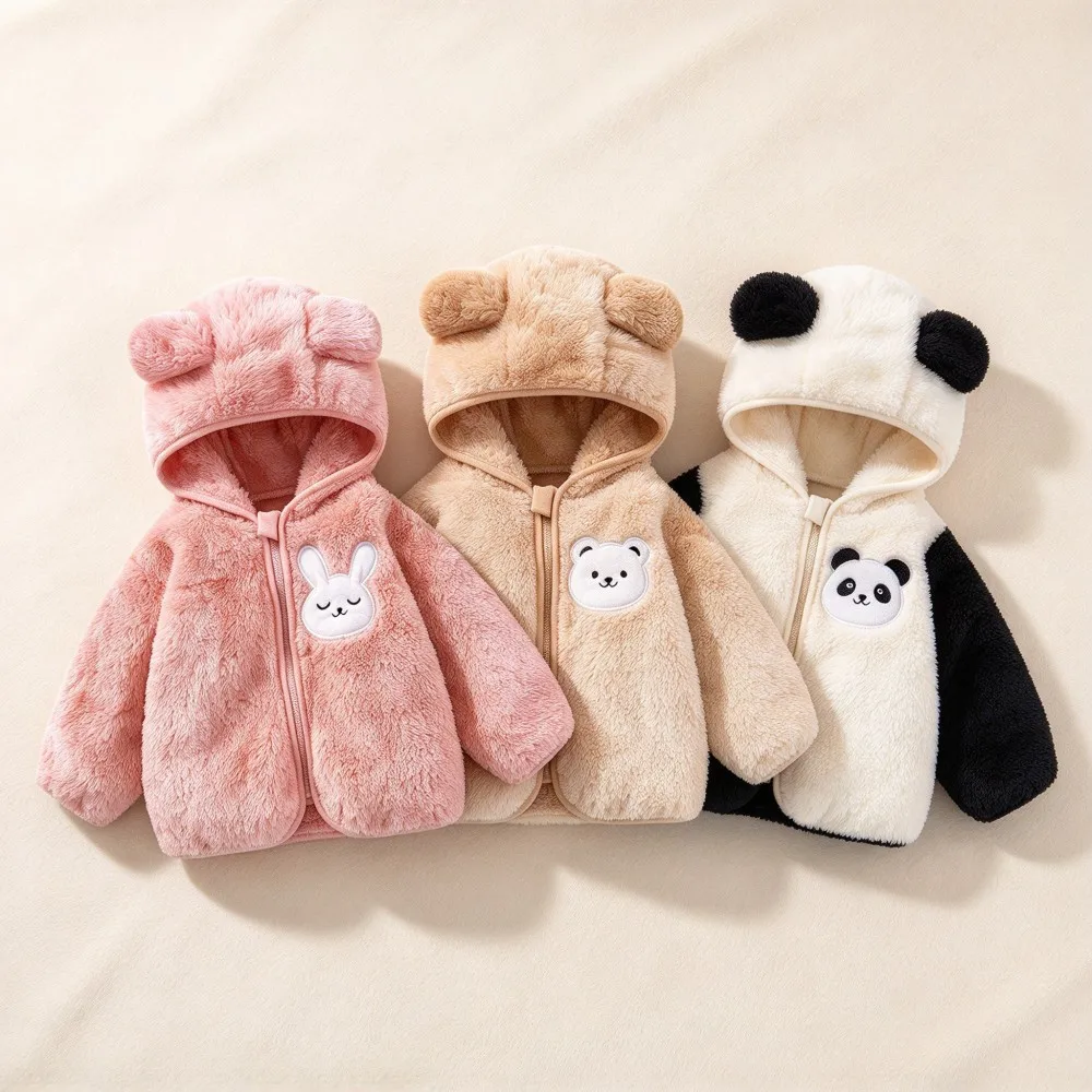 Kids Cartoon Animal Plush Hooded Coat Toddler Warm Fleece Zipper Jacket Baby Girl Boy Winter Outwear Bear Panda Bunny Costume