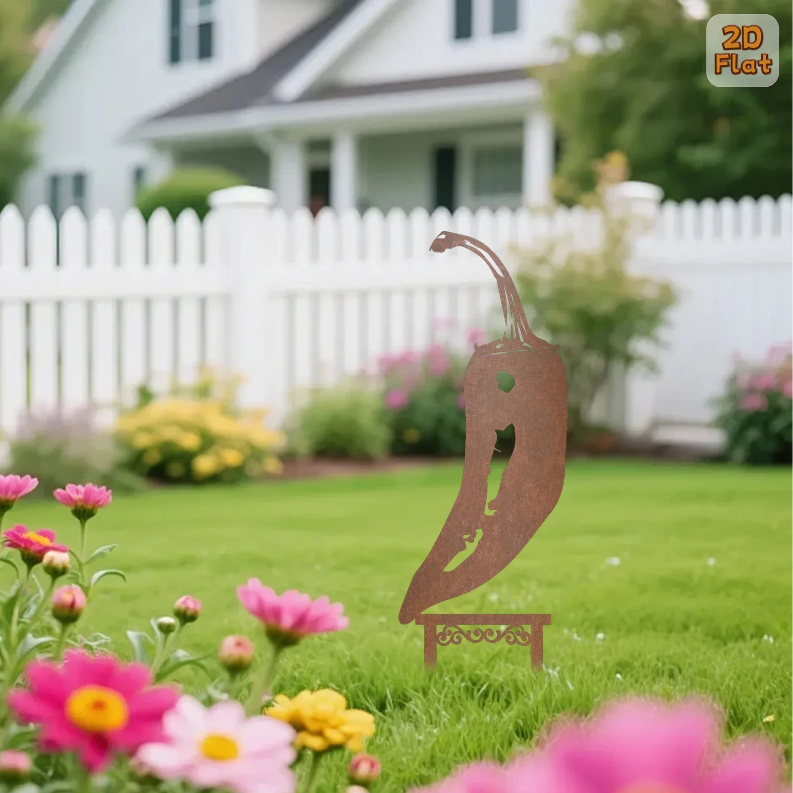 【2D Flat】Rustic Rusty Chili Pepper Garden Stake – Easy Ground Spike Yard Decor – Ideal Gift for Housewarming Birthday & New Year