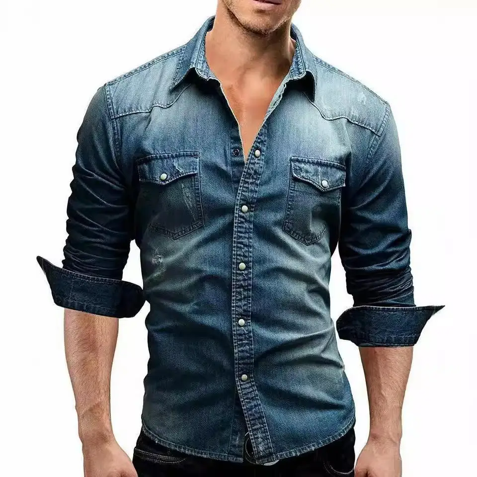 

Men's Denim Jacket Shirt Classic British Style Long Sleeve Pocket Detail Iron-Free Versatile Top for Casual Wear And Work