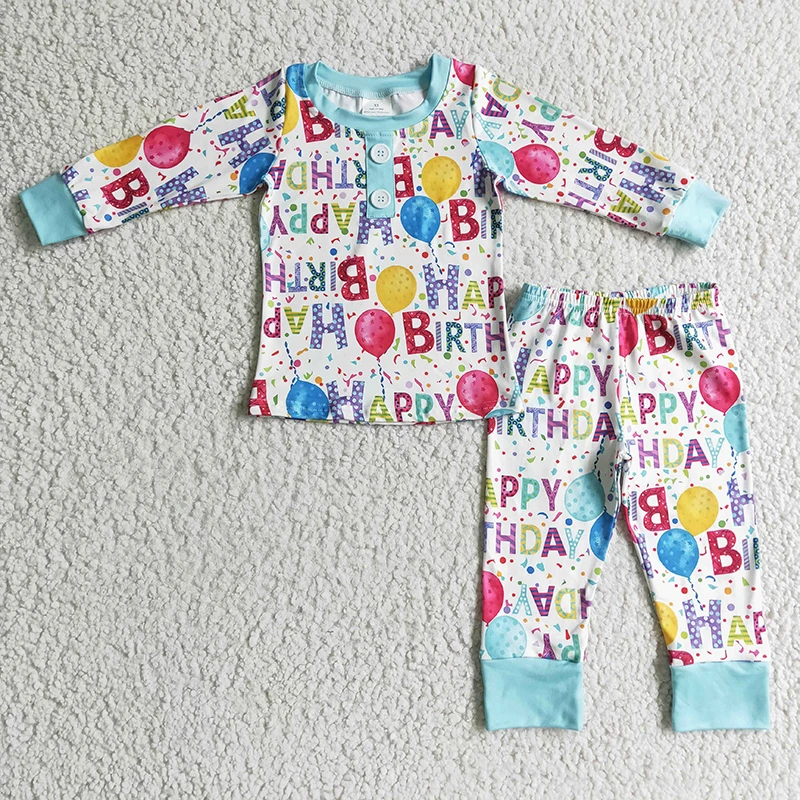 

Baby Boy Happy Birthday Sleepwear Toddler Long Sleeve Balloon Blue Pants Infant Kid Set Children Cotton New Pajamas Nightclothes