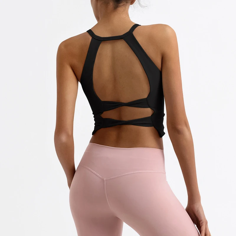 Fitness Sport Crop Top Vrouwen Gym Yoga Mouwloze Rug Uitgehold Atletische Training Snel Droog Met Borstkussen Vrouwelijke Kleding