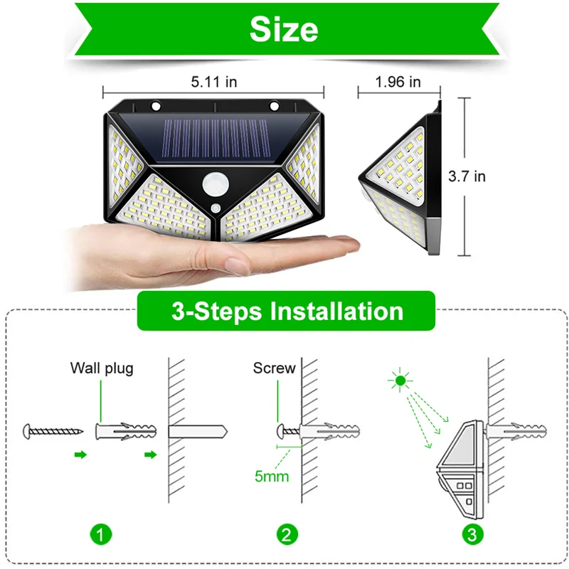 Luci solari per esterni Wireless 100 LED Luci con sensore di movimento solare Illuminazione da parete di sicurezza impermeabile esterna per porta cortile