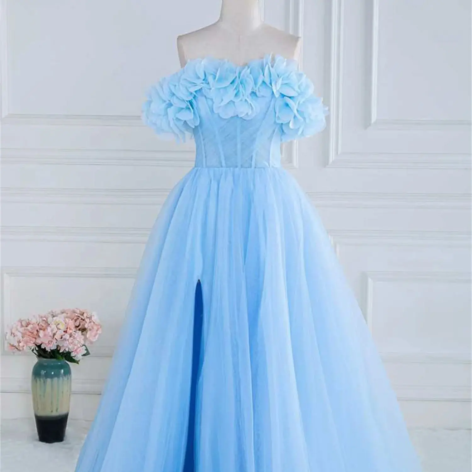 

Aileen Blue A-line Mesh Off-shoulder Long Tail Woman Elegant Dress Women Evening Gown Luxury Dresses 2023 Gala Saudi Cocktail