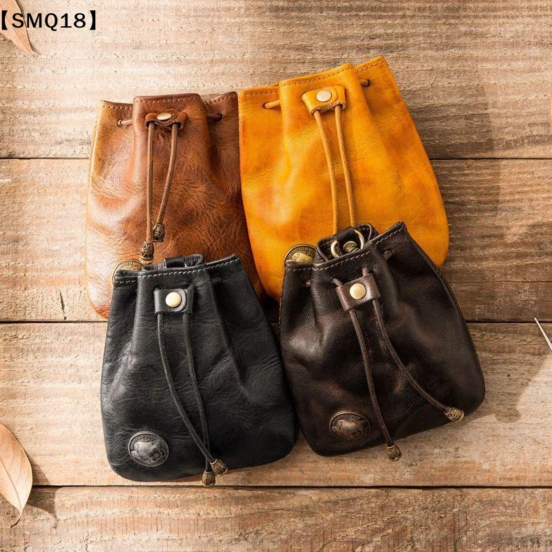 1Pcs Soft Texture PU Leather Retro Drawstring Key Case Coin Purse Handmade Coin Key Bag Multifunctional Storage Bag【SMQ】