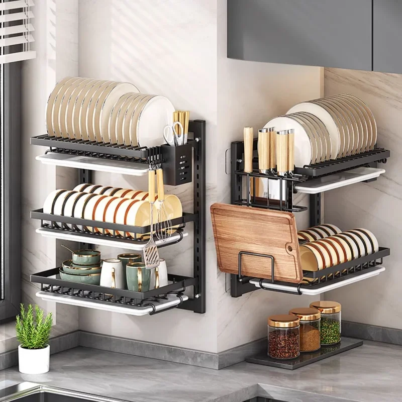 

Modern Kitchen Dish Rack 2/3 Layer Wall Mounted Storage No Drilling Multifunctional Wall Cupboard Space Efficient Durable Design