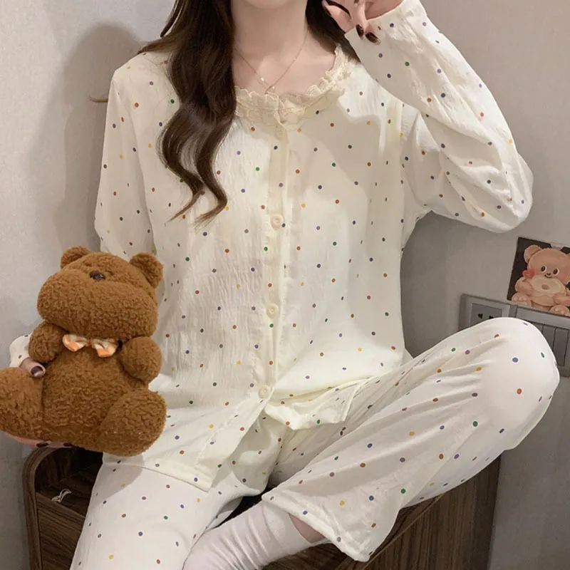 

Spring and Autumn Cute Sweet Lace Pajamas Round Neck Lace Cardigan Long-sleeved 2 Piece Suit Loungewear Casual Pijamas Feminino
