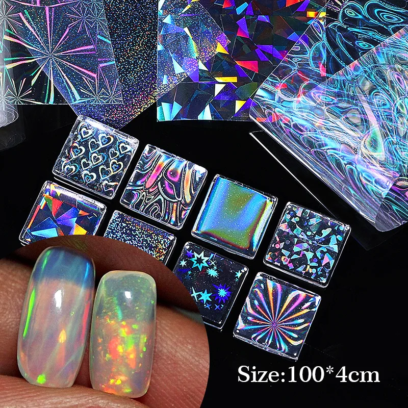 4X100Cm Aurora Nail Transfer Stickers Glitter Laser Nagelfolie Spiegeleffect Nail Transfer Sticker Holografische Marmeren Manicure Wrap