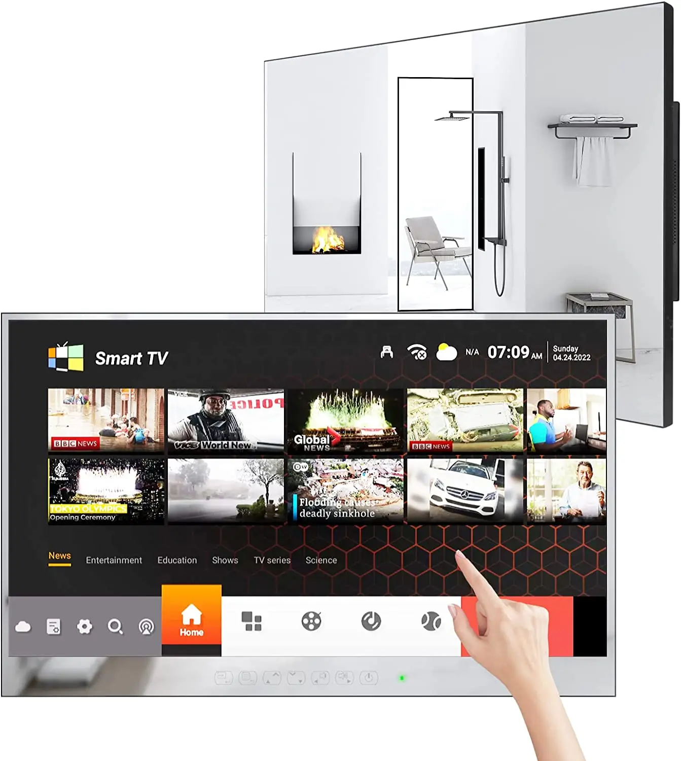 Custom Size Soulaca 27 Inch Bathroom TV Luxury Smart Mirror TV IP65 Waterproof Android 11.0 Full HD With 7 Touch Keys And Touch