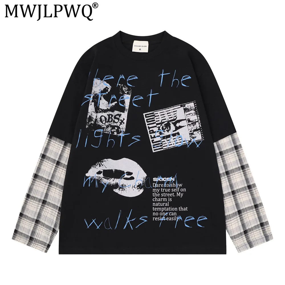 MWJLPWQ Men's Faux Two-Piece Plaid Patchwork Long-Sleeve T-Shirt Trendy Hip-Hop Style Contrasting Colors Unique Print Tops 21272