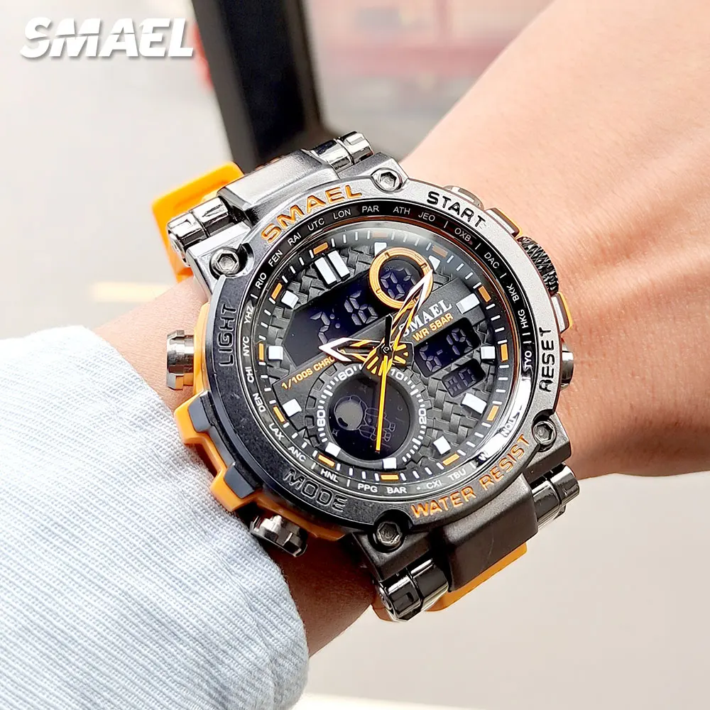 SMAEL Yellow Watch for Men Electronic Digital Sport Wristwatch with Chronograph Dual Time Display Auto Date Week Alarm 1803B