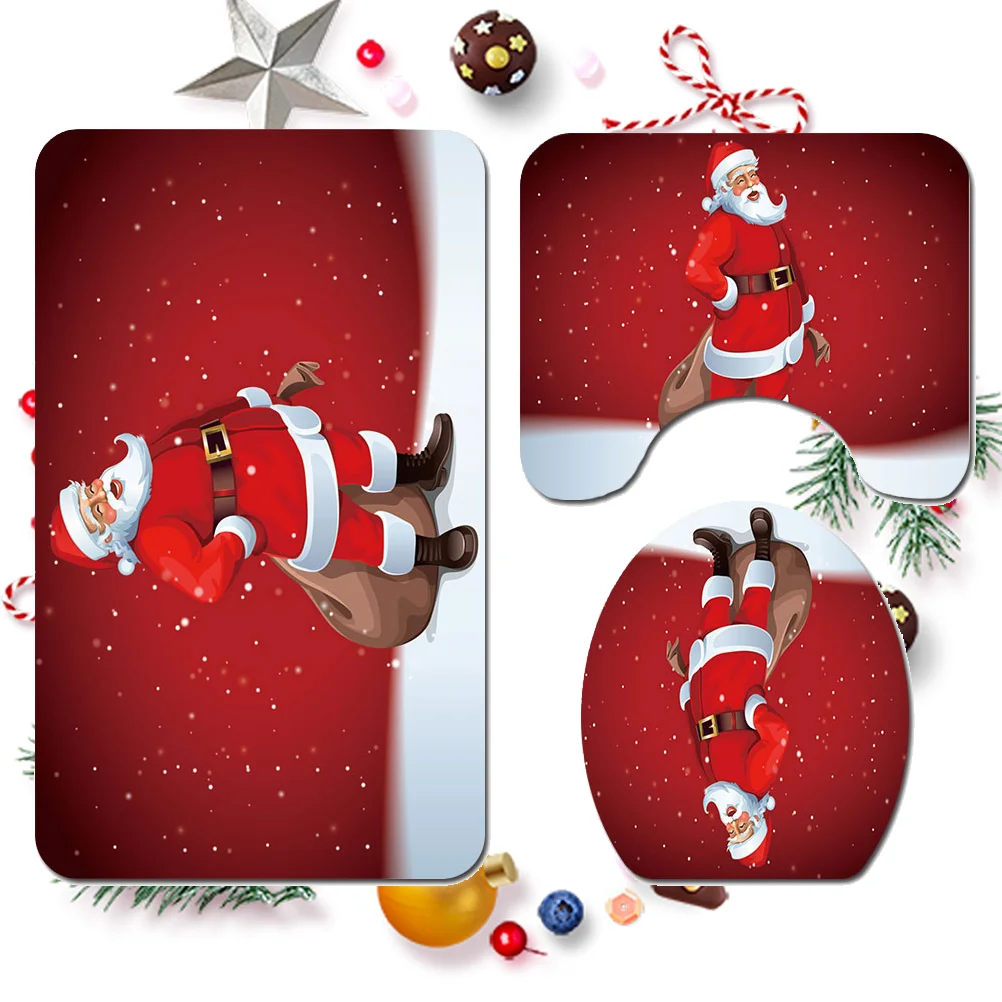 3 in 1 Santa Claus Pattern Bathroom Mat Set Anti-slip Washroom Carpet Mat Toilet Seat Lid Cover Pad for Christmas Decor