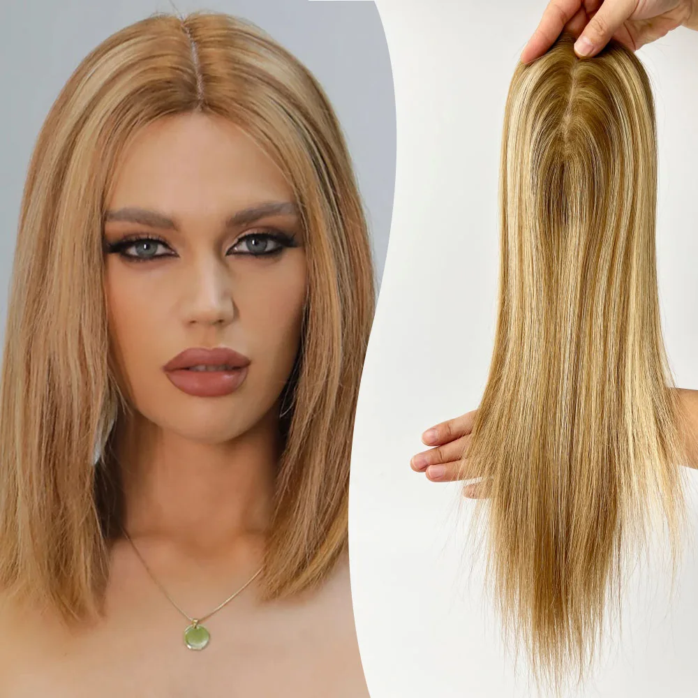 14/16 inches Hair Toppers For Women European Virgin Human Hair Blonde Color With Highlight Silk Base Clips in Hair Straight