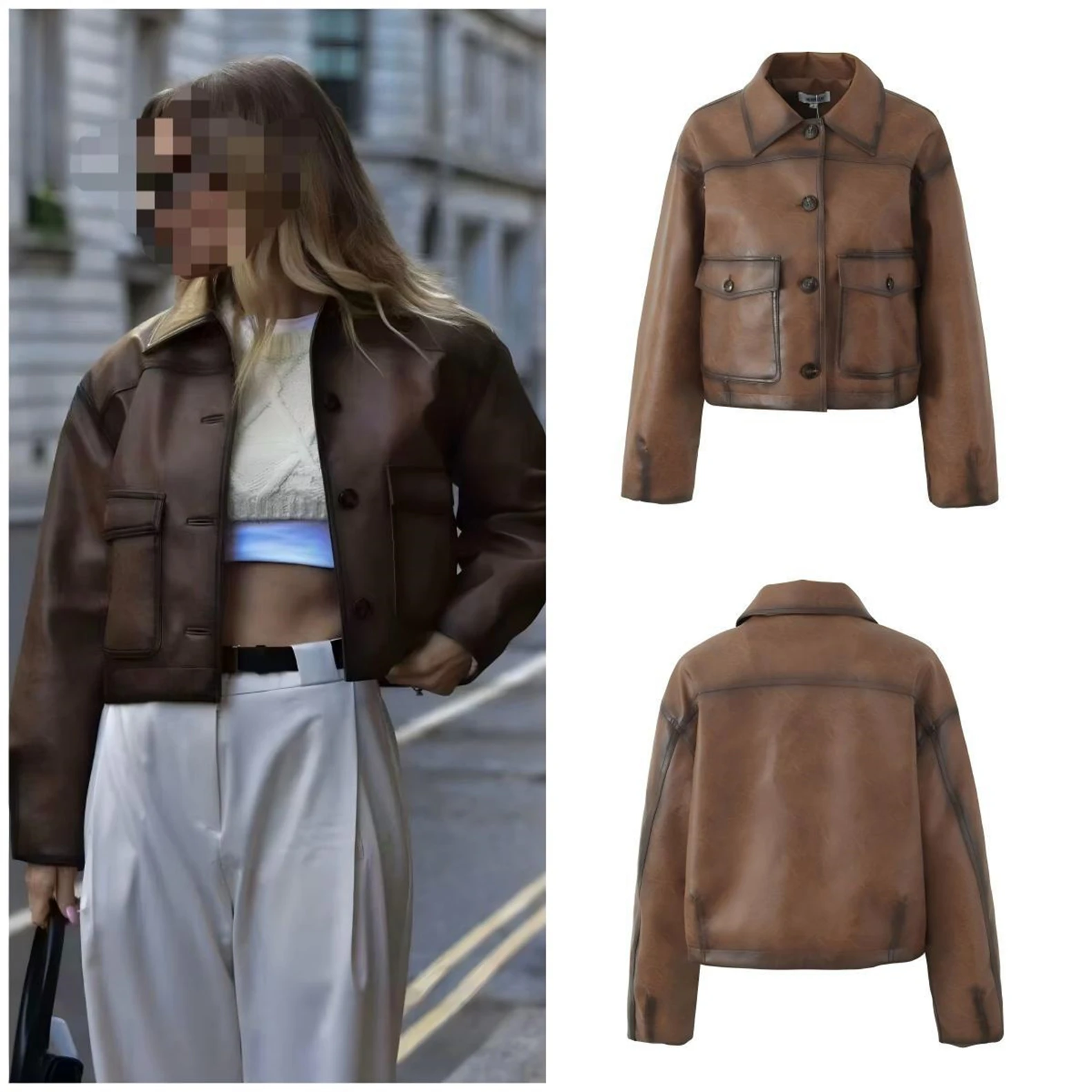 

Женская куртка 2025, Новое поступление, повседневная модная однотонная винтажная байкерская королевская коричневая короткая куртка