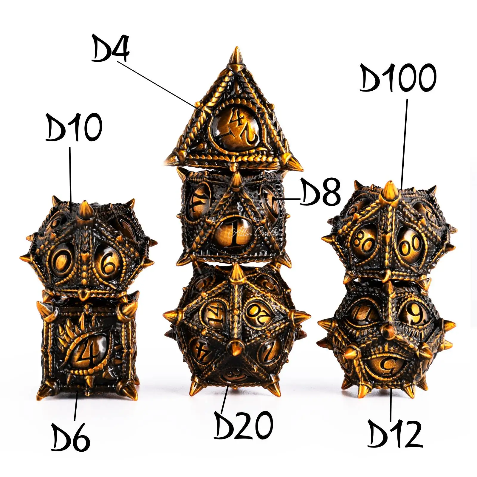 7x Metal DND Dice Set for Dungeon and Dragons Pathfinder Dnd Game Dice Player Sharp Edge RPG Polyhedral Dice Gift Ancient Gold