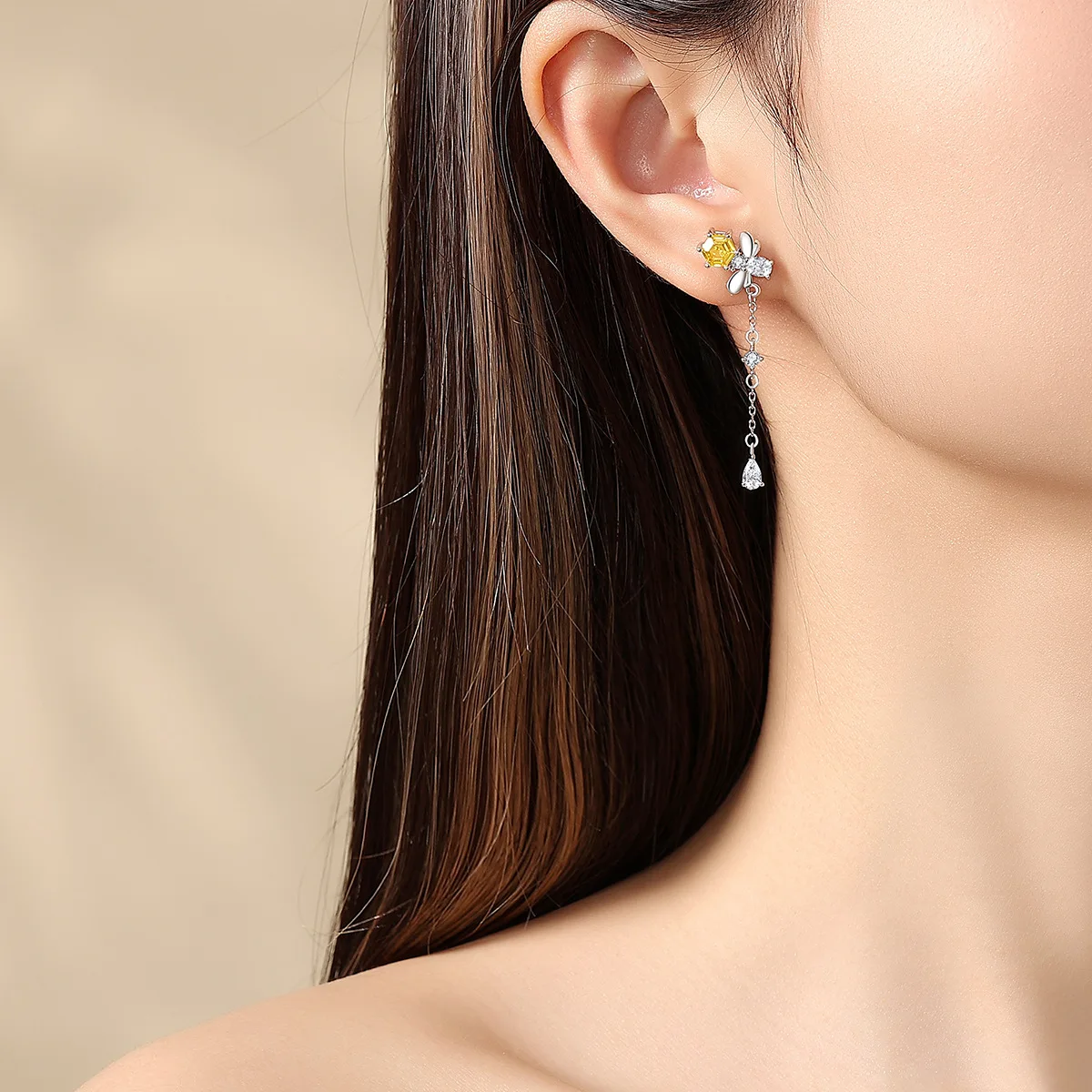 F.I.N.S Original Rose Honey Bee S925 Sterling Silver Earrings for Women Fashion Asymmetrical Long Fringe Ear Pieced Fine Jewelry