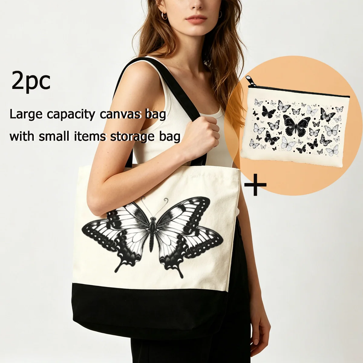 

2PC Butterfly Set Canvas Bag with Small Storage Bag Eco-Friendly Shoulder Bag Cosmetic Storage Bag Handbag Tote Bag