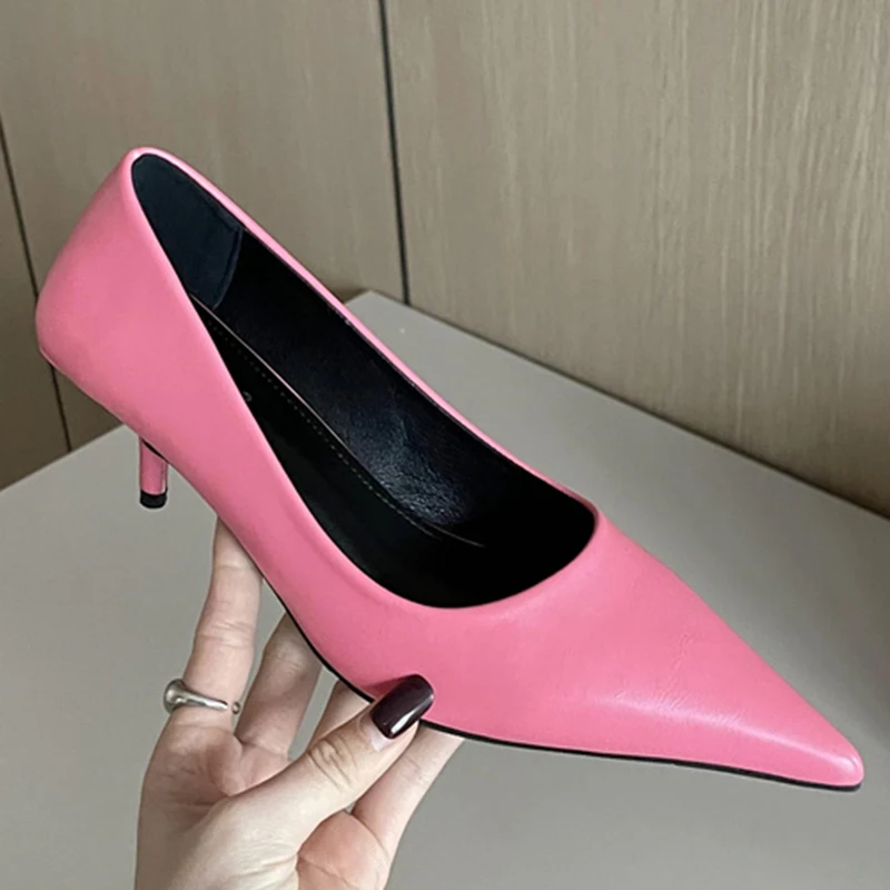 2023 New Luxury Brand Women Yellow Pointed Toe Stiletto Pumps Pu Leather Pink White Pencil High Heels Ladies Wedding Prom Shoes