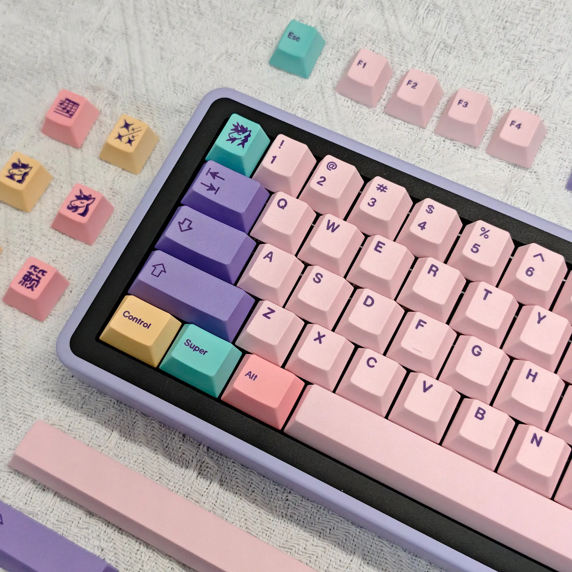 Pink and Purple Colorway Keycaps Cherry Profile PBT Material Dye Sublimated 143 Key Full Set Compatible with Mechanical Keyboard