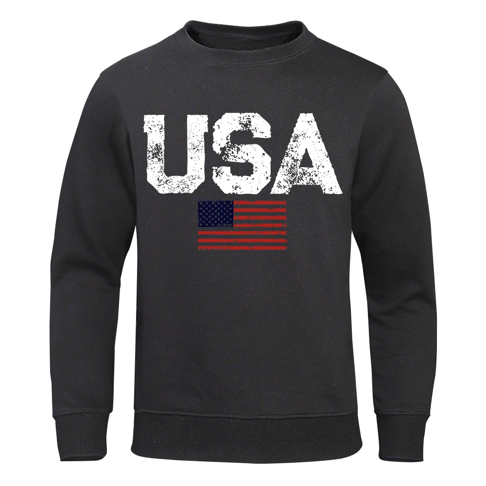 Usa Letters American Flag Stars And Stripes Mens Hoodies Fashion Crewneck Hoody Autumn Loose Clothing Fleece Male Sweatshirts