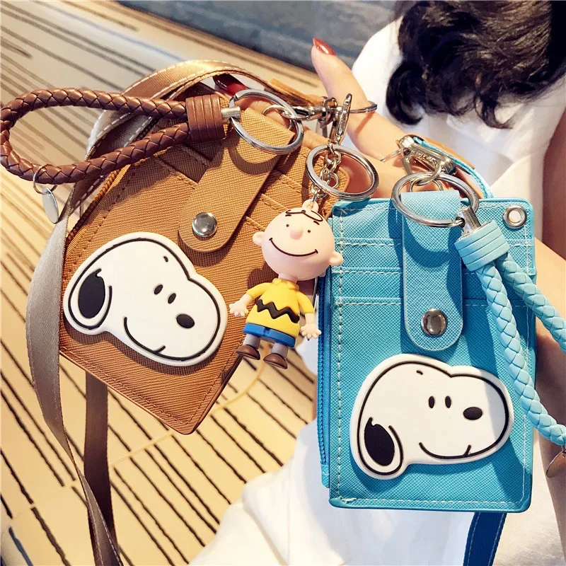 Snoopy Portable Card Holder Keychain Doll Women ID Card Name Card Case PU Leather Men Key Ring Anime Girl Wallet Lanyard Cover