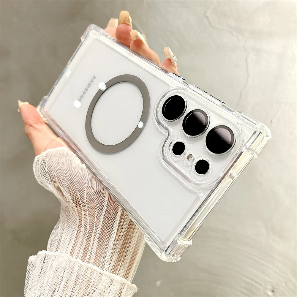 Odporny na wstrząsy magnetyczny przezroczysty futerał Magsafe do Samsung S25 S24 S22 S21 Ultra S23 Plus Folia ochronna obiektywu Osłona zderzaka aparatu