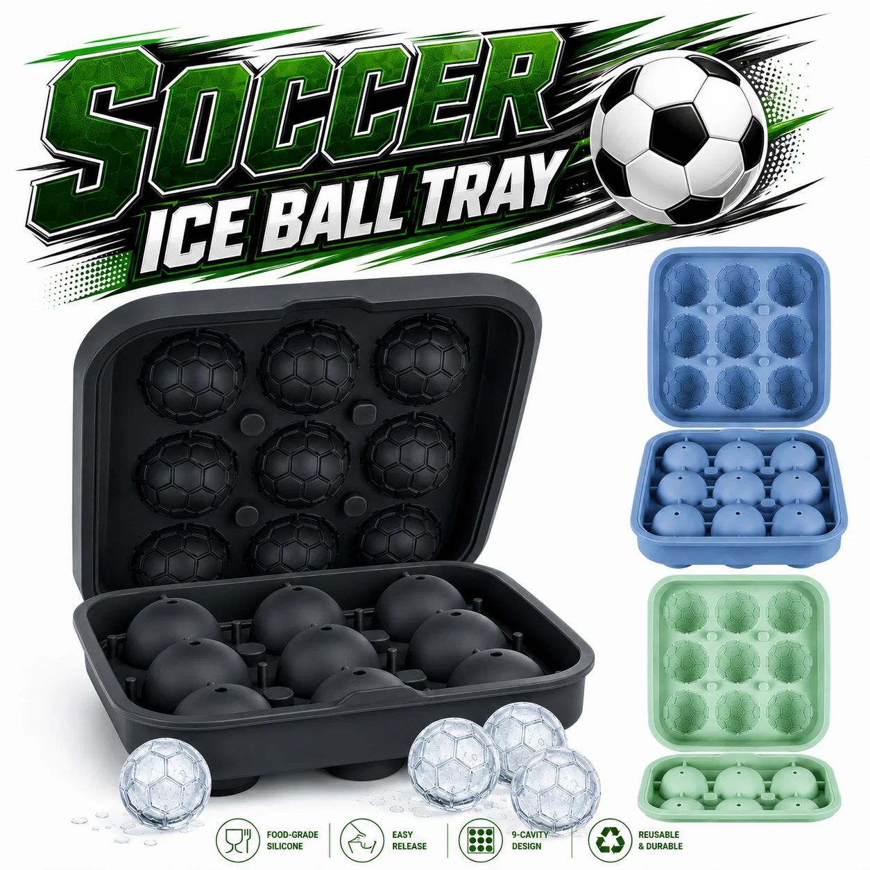 3D-Fußball-Silikon-Eiswürfelform mit 9 Mulden, Fußball-Eiskugelform für Party, Whiskey, Cocktails, Getränke, Eiswürfelbehälter